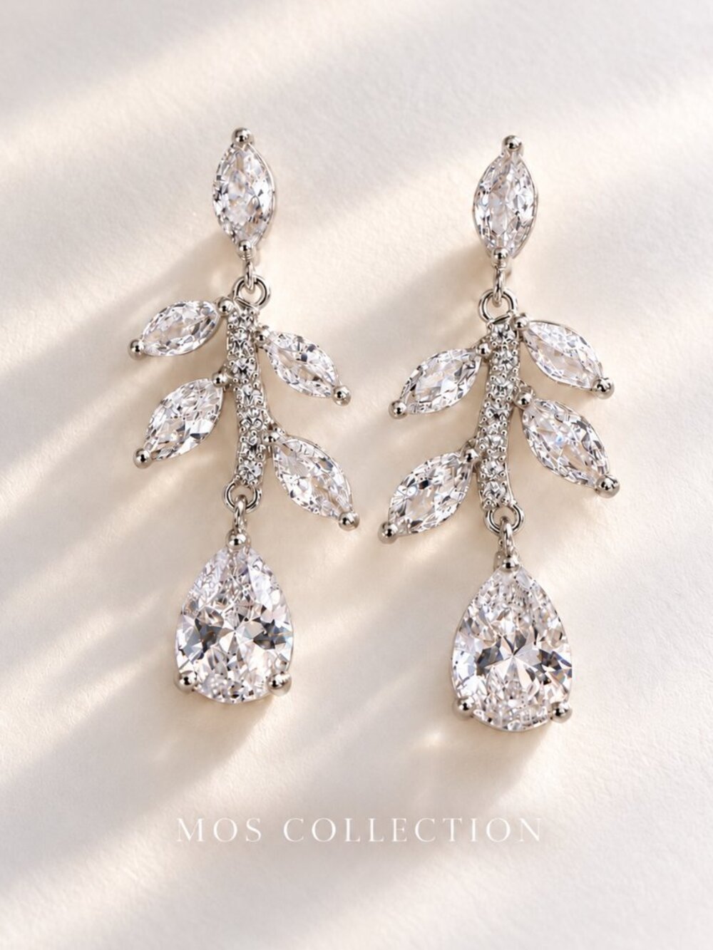 Silver CZ Leaf Vine Teardrop Dangle Earrings MOS COLLECTION